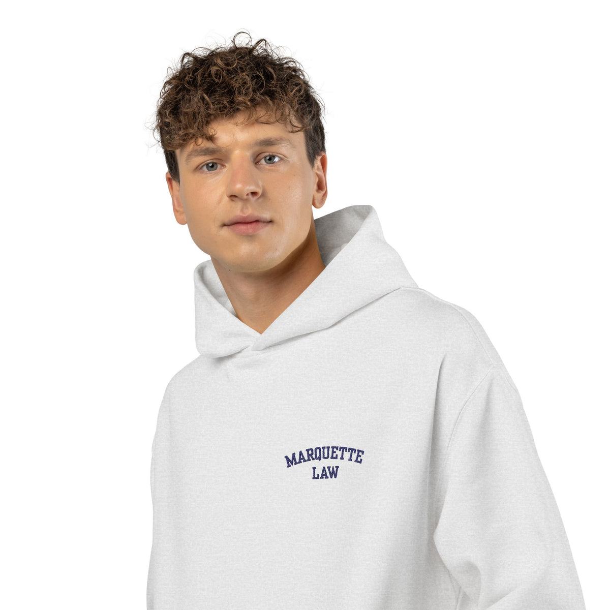 Marquette Law Relaxed White Hoodie - Embroidered
