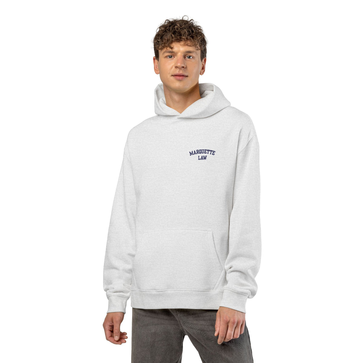 Marquette Law Relaxed White Hoodie - Embroidered